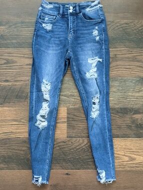 Bridge by Gly Very Distressed Womens High Rise Ankle Skinny Blue Jeans, Size 27